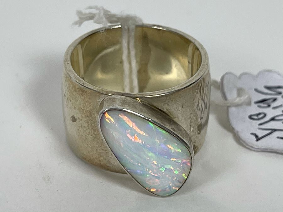 Large Modernist Opal Sterling Silver Big Band Ring JS 15g [Photo 9]