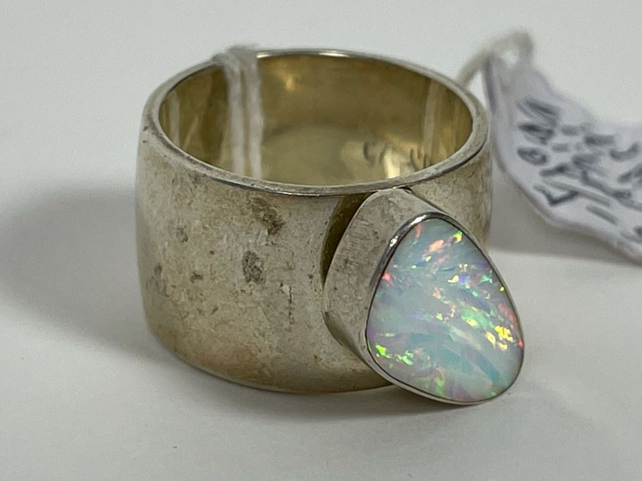 Large Modernist Opal Sterling Silver Big Band Ring JS 15g [Photo 4]