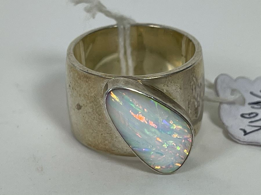 Large Modernist Opal Sterling Silver Big Band Ring JS 15g [Photo 5]