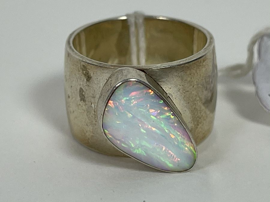 Large Modernist Opal Sterling Silver Big Band Ring JS 15g [Photo 3]