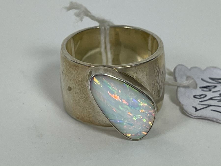 Large Modernist Opal Sterling Silver Big Band Ring JS 15g [Photo 6]
