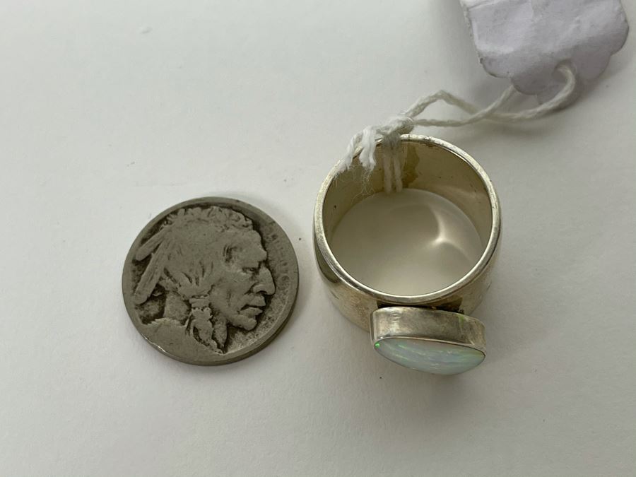 Large Modernist Opal Sterling Silver Big Band Ring JS 15g [Photo 16]