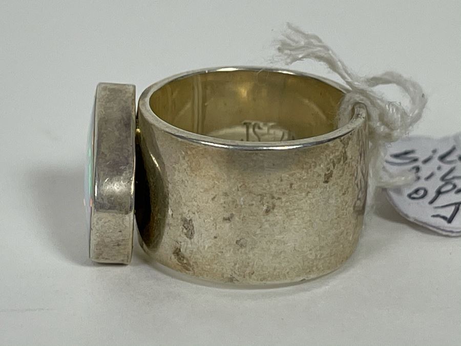 Large Modernist Opal Sterling Silver Big Band Ring JS 15g [Photo 12]