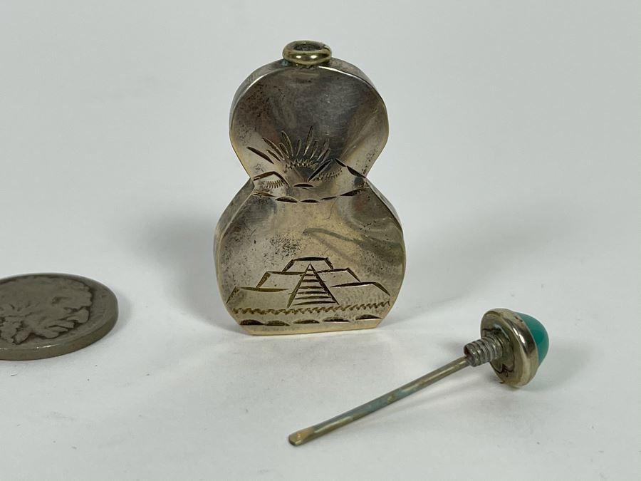 Sterling Silver Mexican Perfume Bottle With Turquoise Finial Top Dabber Signed RAG 5.4G [Photo 5]