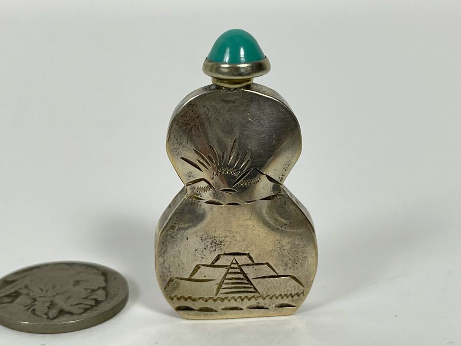 Sterling Silver Mexican Perfume Bottle With Turquoise Finial Top Dabber Signed RAG 5.4G [Photo 1]