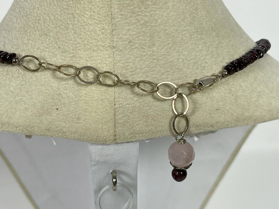 Amethyst Bead Necklace With Sterling Silver Rose Quartz Clasp 16L [Photo 3]