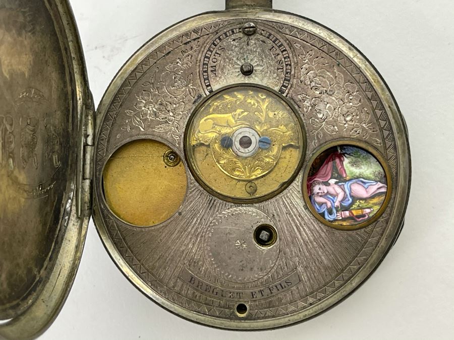 Antique Breguet & Fils Paris Pocket Watch With Hand Painted Porcelain Dial Featuring The Great Seal Of The United States With American Eagle - Has Key For Winding - In Need Of Repair (Breguet et Fils) [Photo 9]