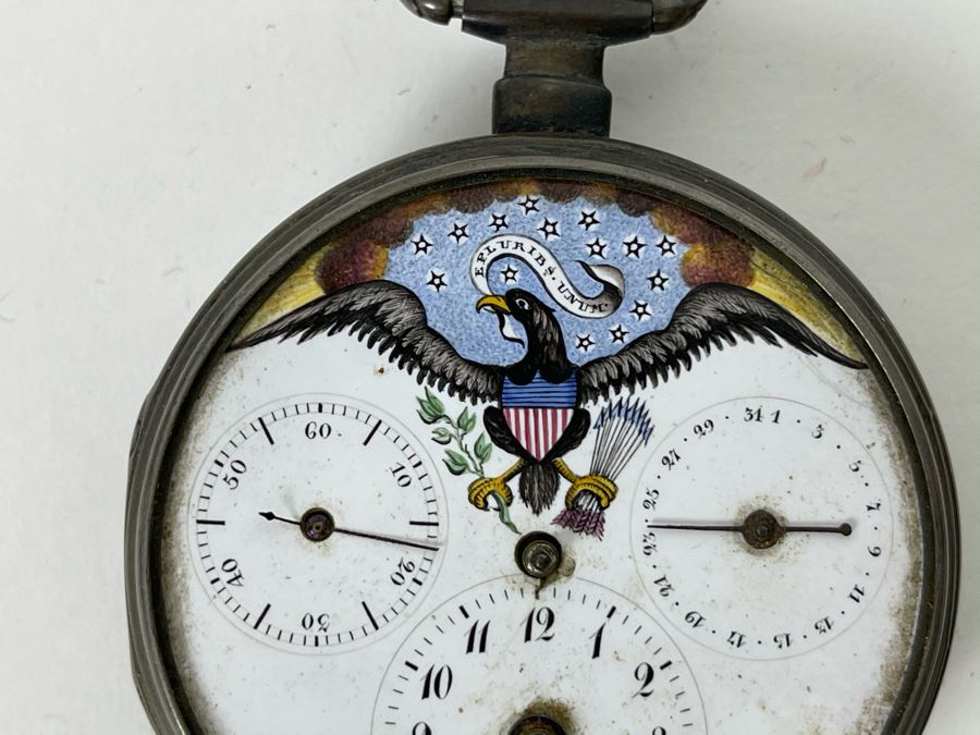 Antique Breguet & Fils Paris Pocket Watch With Hand Painted Porcelain Dial Featuring The Great Seal Of The United States With American Eagle - Has Key For Winding - In Need Of Repair (Breguet et Fils) [Photo 4]