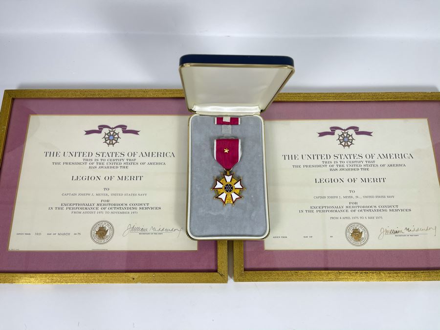 Pair Of United States Department Of The Navy Legion Of Merit Certificates Awarded To Captain Joseph J. Meyer, Jr. Along With Captain Joseph J. Meyer, Jr.'s Legion Of Merit Medal [Photo 1]