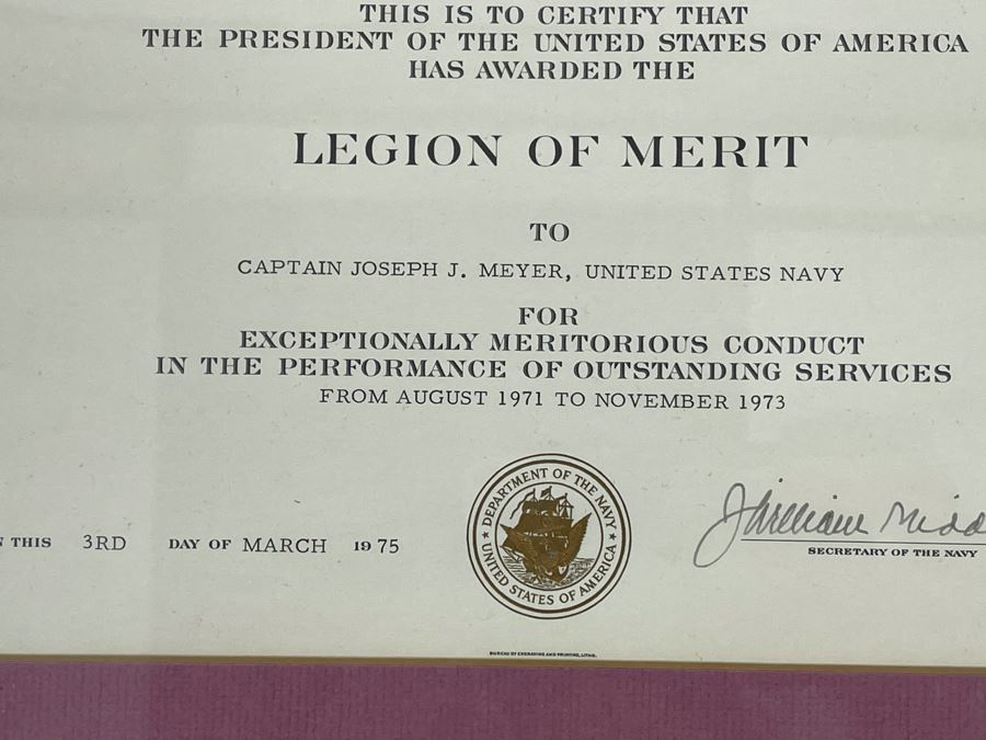 Pair Of United States Department Of The Navy Legion Of Merit Certificates Awarded To Captain Joseph J. Meyer, Jr. Along With Captain Joseph J. Meyer, Jr.'s Legion Of Merit Medal [Photo 7]