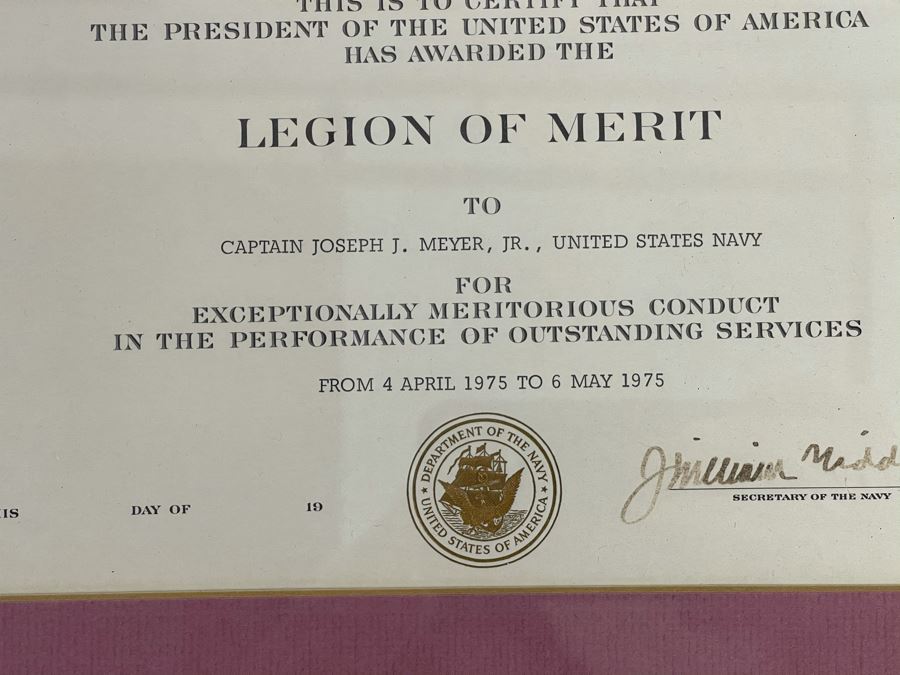 Pair Of United States Department Of The Navy Legion Of Merit Certificates Awarded To Captain Joseph J. Meyer, Jr. Along With Captain Joseph J. Meyer, Jr.'s Legion Of Merit Medal [Photo 10]