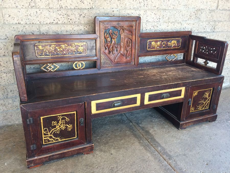Chinese Carved Wooden Bench with Drawers [Photo 1]