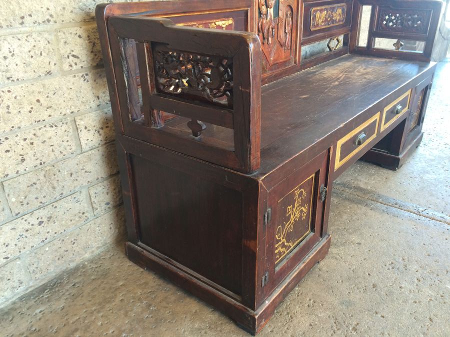 Chinese Carved Wooden Bench with Drawers [Photo 5]