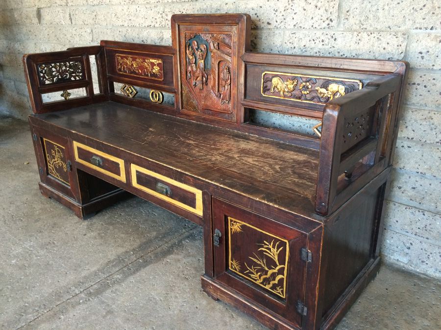 Chinese Carved Wooden Bench with Drawers [Photo 22]