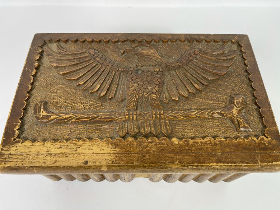 Vintage Relief Carved Wooden Box With Eagle On Lid 10W X 6.5D X 4.5H