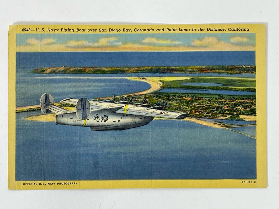 Vintage San Diego Postcard: U.S. Navy Boat Over San Diego Bay, Coronado And Point Loma In The Distance