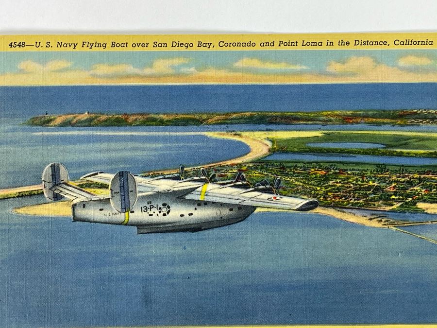 Vintage San Diego Postcard: U.S. Navy Boat Over San Diego Bay, Coronado And Point Loma In The Distance [Photo 2]