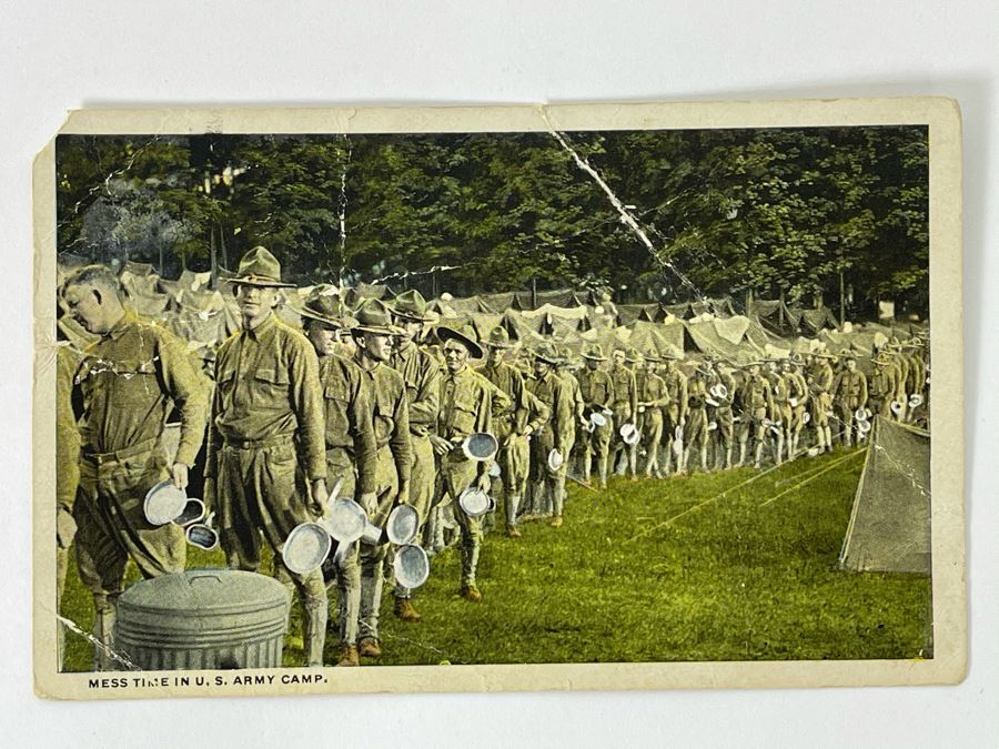 Antique Postmarked 1918 Postcard Mess Time In The U.S. Army Camp
