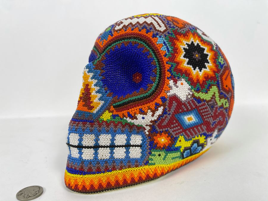 Signed Handmade Mexican Native Folk Art Beaded Skull By Huichol Indian Artist 'Guadalupe Carrillo Marquez' Dia De Los Muertos Skull From Julisco, Mexico 2005 8'W X 6'D X 9'H [Photo 7]