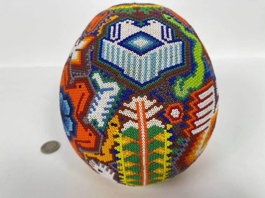 Signed Handmade Mexican Native Folk Art Beaded Skull By Huichol Indian Artist 'Guadalupe Carrillo Marquez' Dia De Los Muertos Skull From Julisco, Mexico 2005 8'W X 6'D X 9'H [Photo 11]