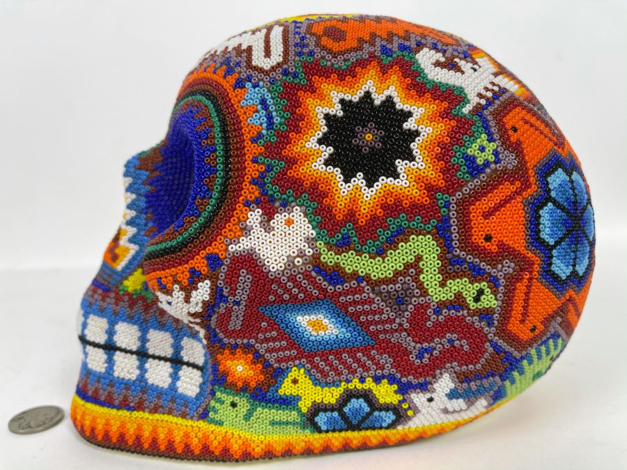 Signed Handmade Mexican Native Folk Art Beaded Skull By Huichol Indian Artist 'Guadalupe Carrillo Marquez' Dia De Los Muertos Skull From Julisco, Mexico 2005 8'W X 6'D X 9'H [Photo 9]