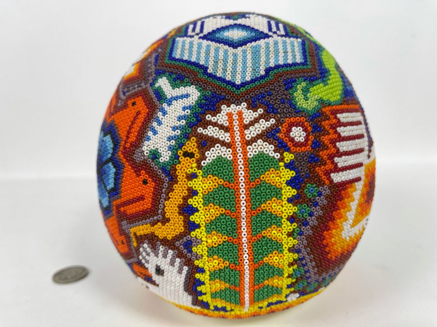 Signed Handmade Mexican Native Folk Art Beaded Skull By Huichol Indian Artist 'Guadalupe Carrillo Marquez' Dia De Los Muertos Skull From Julisco, Mexico 2005 8'W X 6'D X 9'H [Photo 10]