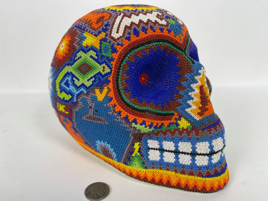 Signed Handmade Mexican Native Folk Art Beaded Skull By Huichol Indian Artist 'Guadalupe Carrillo Marquez' Dia De Los Muertos Skull From Julisco, Mexico 2005 8'W X 6'D X 9'H [Photo 4]