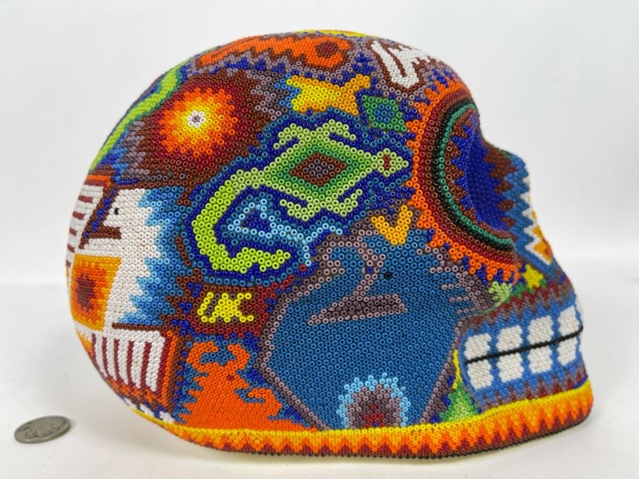 Signed Handmade Mexican Native Folk Art Beaded Skull By Huichol Indian Artist 'Guadalupe Carrillo Marquez' Dia De Los Muertos Skull From Julisco, Mexico 2005 8'W X 6'D X 9'H [Photo 12]
