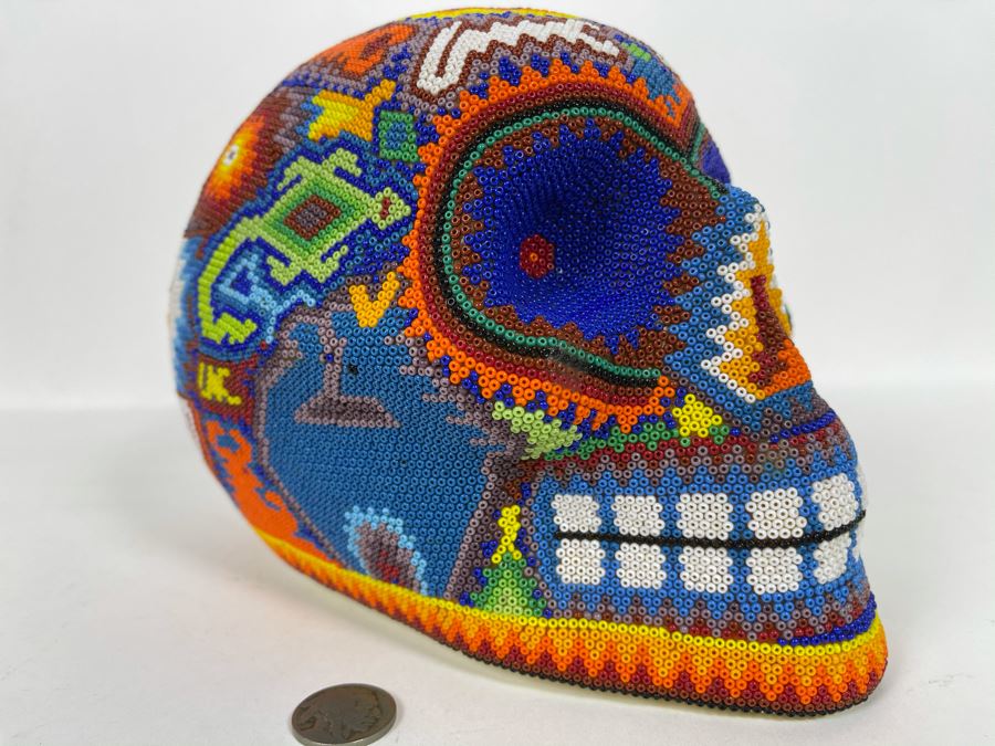 Signed Handmade Mexican Native Folk Art Beaded Skull By Huichol Indian Artist 'Guadalupe Carrillo Marquez' Dia De Los Muertos Skull From Julisco, Mexico 2005 8'W X 6'D X 9'H [Photo 3]