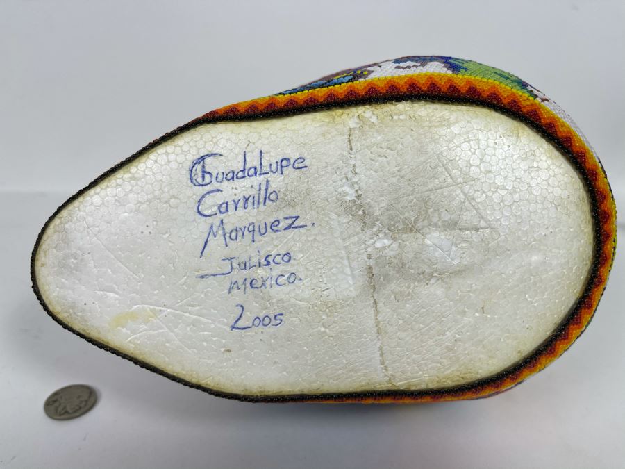 Signed Handmade Mexican Native Folk Art Beaded Skull By Huichol Indian Artist 'Guadalupe Carrillo Marquez' Dia De Los Muertos Skull From Julisco, Mexico 2005 8'W X 6'D X 9'H [Photo 13]