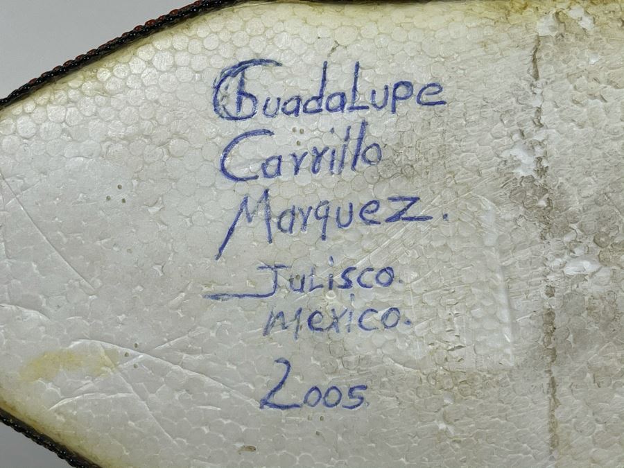 Signed Handmade Mexican Native Folk Art Beaded Skull By Huichol Indian Artist 'Guadalupe Carrillo Marquez' Dia De Los Muertos Skull From Julisco, Mexico 2005 8'W X 6'D X 9'H [Photo 14]