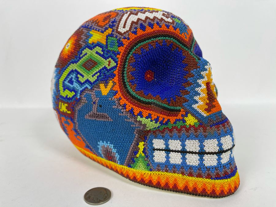 Signed Handmade Mexican Native Folk Art Beaded Skull By Huichol Indian Artist 'Guadalupe Carrillo Marquez' Dia De Los Muertos Skull From Julisco, Mexico 2005 8'W X 6'D X 9'H [Photo 2]