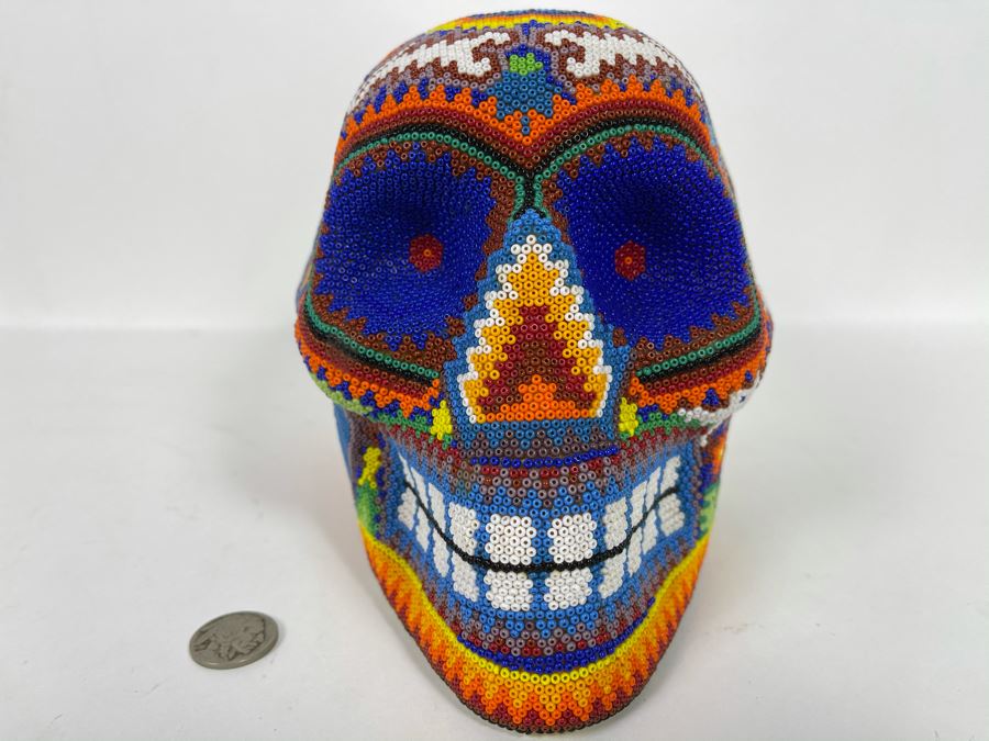 Signed Handmade Mexican Native Folk Art Beaded Skull By Huichol Indian Artist 'Guadalupe Carrillo Marquez' Dia De Los Muertos Skull From Julisco, Mexico 2005 8'W X 6'D X 9'H [Photo 5]