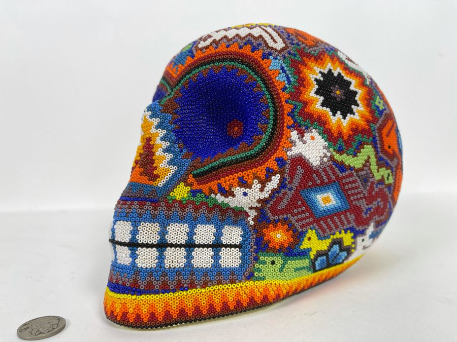 Signed Handmade Mexican Native Folk Art Beaded Skull By Huichol Indian Artist 'Guadalupe Carrillo Marquez' Dia De Los Muertos Skull From Julisco, Mexico 2005 8'W X 6'D X 9'H [Photo 8]