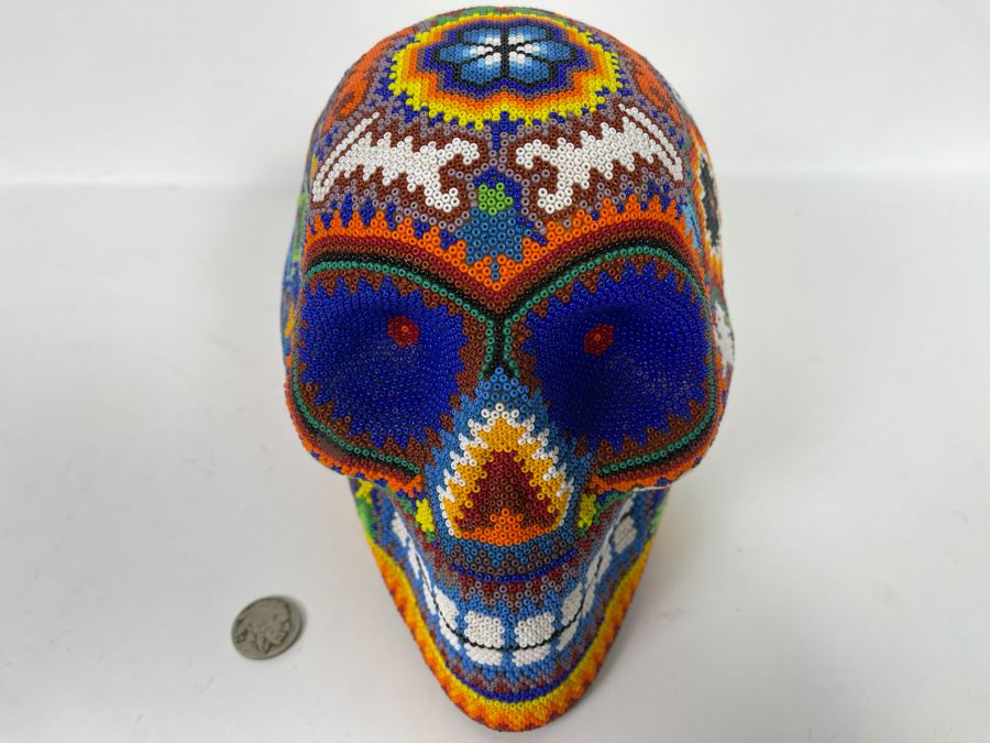 Signed Handmade Mexican Native Folk Art Beaded Skull By Huichol Indian Artist 'Guadalupe Carrillo Marquez' Dia De Los Muertos Skull From Julisco, Mexico 2005 8'W X 6'D X 9'H [Photo 6]