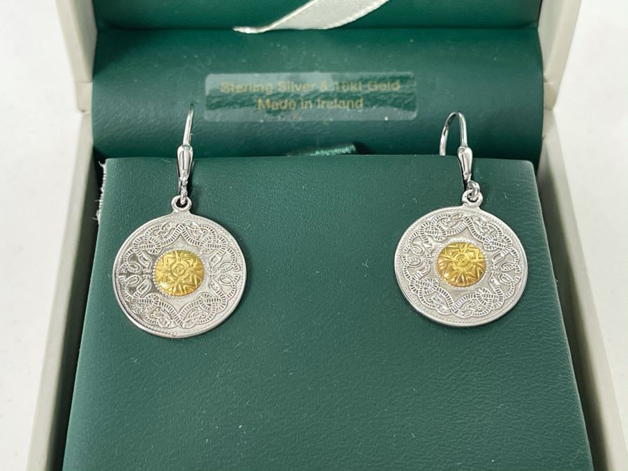 New Pair Of 18K Gold / Sterling Silver Irish Celtic Warrior Earrings Retails $169