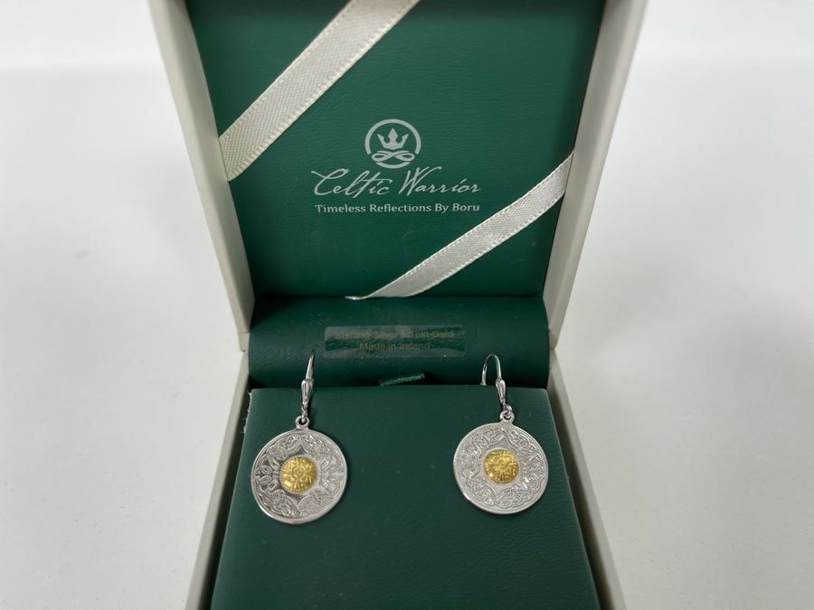 New Pair Of 18K Gold / Sterling Silver Irish Celtic Warrior Earrings Retails $169 [Photo 3]