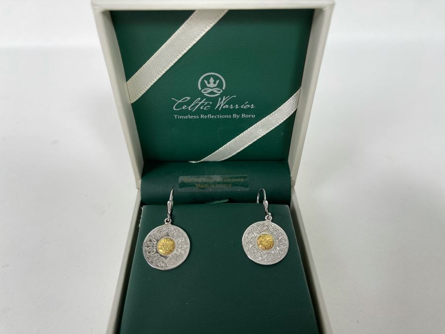 New Pair Of 18K Gold / Sterling Silver Irish Celtic Warrior Earrings Retails $169 [Photo 4]