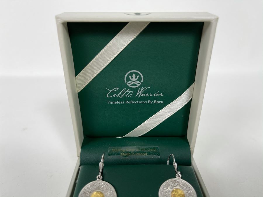 New Pair Of 18K Gold / Sterling Silver Irish Celtic Warrior Earrings Retails $169 [Photo 5]