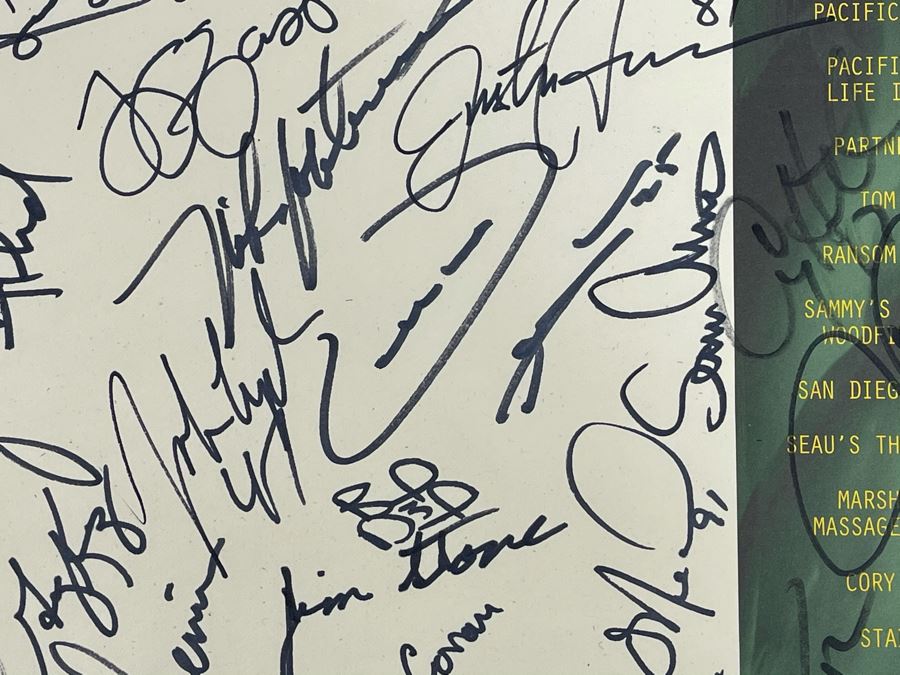 San Diego Chargers HAND SIGNED Poster For John Carney's 5th Annual Kicks On The Green Tournament 1997 - AUTOGRAPHS From Junior Seau, Stan Humphries, John Carney, Sean Salisbury - Apx 35 NFL Football Player Autographs 19 X 25 [Photo 7]