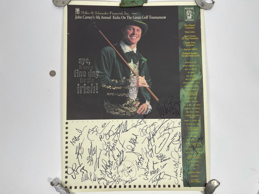 San Diego Chargers HAND SIGNED Poster For John Carney's 5th Annual Kicks On The Green Tournament 1997 - AUTOGRAPHS From Junior Seau, Stan Humphries, John Carney, Sean Salisbury - Apx 35 NFL Football Player Autographs 19 X 25 [Photo 2]