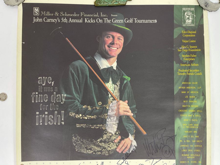 San Diego Chargers HAND SIGNED Poster For John Carney's 5th Annual Kicks On The Green Tournament 1997 - AUTOGRAPHS From Junior Seau, Stan Humphries, John Carney, Sean Salisbury - Apx 35 NFL Football Player Autographs 19 X 25 [Photo 3]