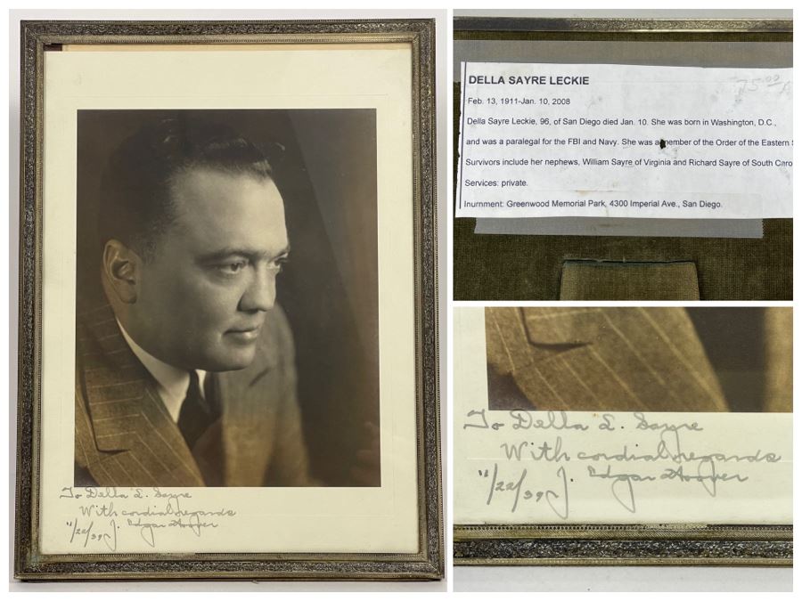 Vintage 1939 J. Edgar Hoover (Director Of The Federal Bureau Of Investigation (FBI) From 1924-1972) Hand Signed B&W Photograph Autographed And Personalized To Della Sayre Leckie In Vintage Frame