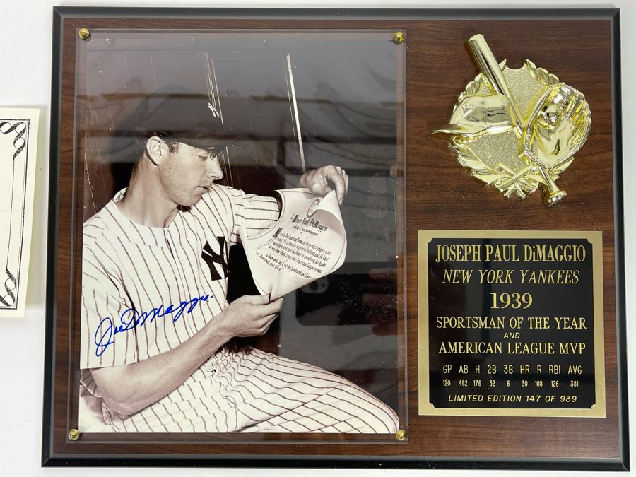Authenticated Joe Dimaggio (HOF) Hand Signed Autograph With Presentation Wall Plaque And Certificate Of Authenticity Scoreboard Official Licensee Of Major League Baseball 15 X 12 [Photo 4]