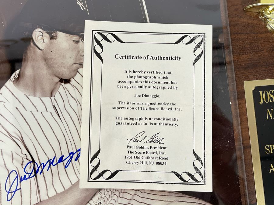 Authenticated Joe Dimaggio (HOF) Hand Signed Autograph With Presentation Wall Plaque And Certificate Of Authenticity Scoreboard Official Licensee Of Major League Baseball 15 X 12 [Photo 5]