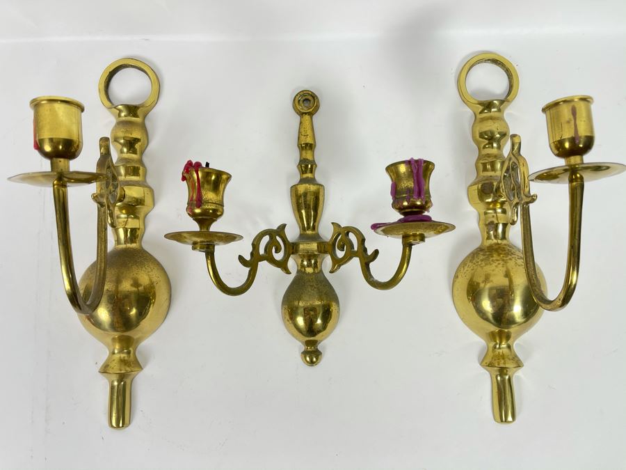 Set Of 3 Brass Wall Sconces (Larger Measures 12'L) [Photo 1]