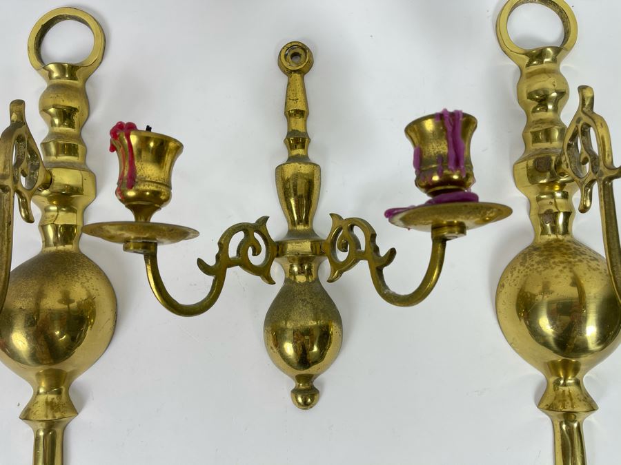 Set Of 3 Brass Wall Sconces (Larger Measures 12'L) [Photo 4]