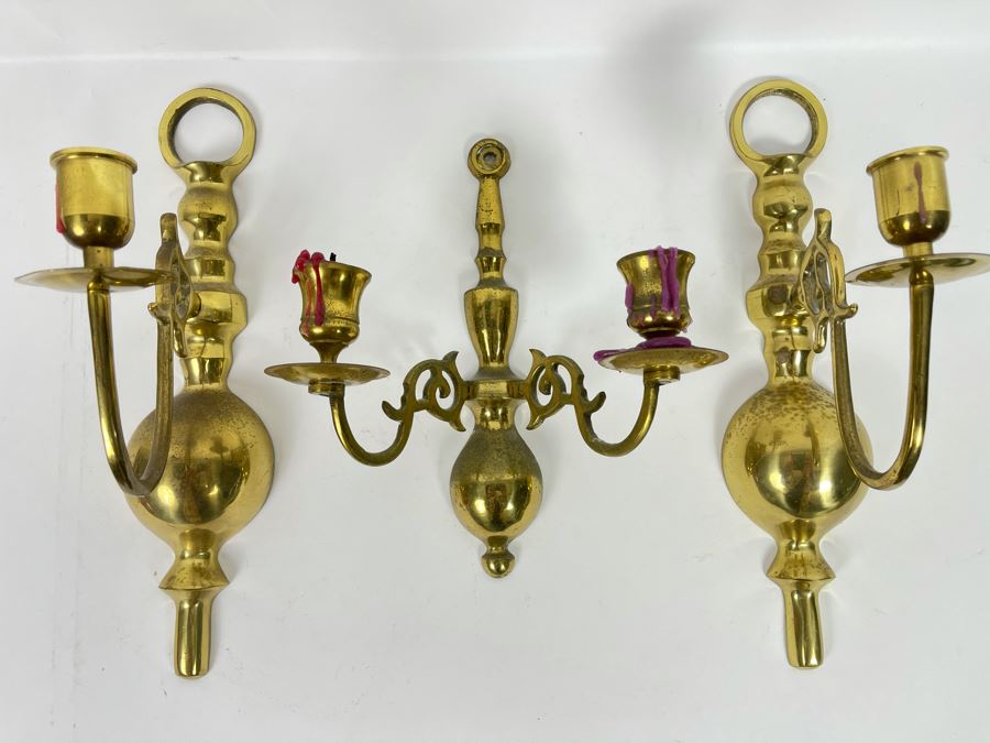 Set Of 3 Brass Wall Sconces (Larger Measures 12'L) [Photo 2]