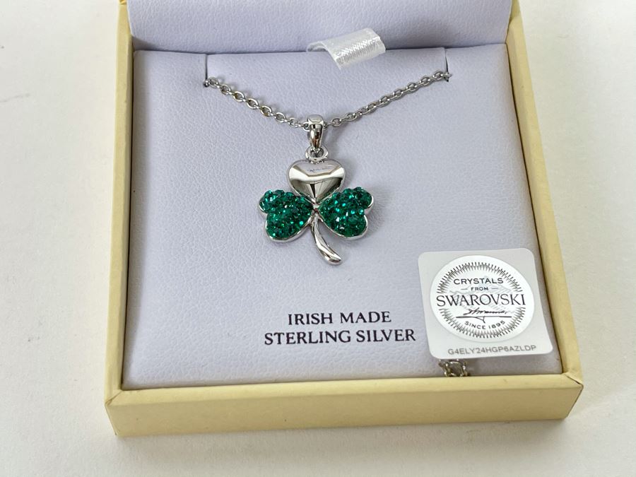 New Irish Sterling Silver Clover Pendant With Swarovski Crystals Sterling Necklace By Shanore Silver Retails $99 [Photo 1]