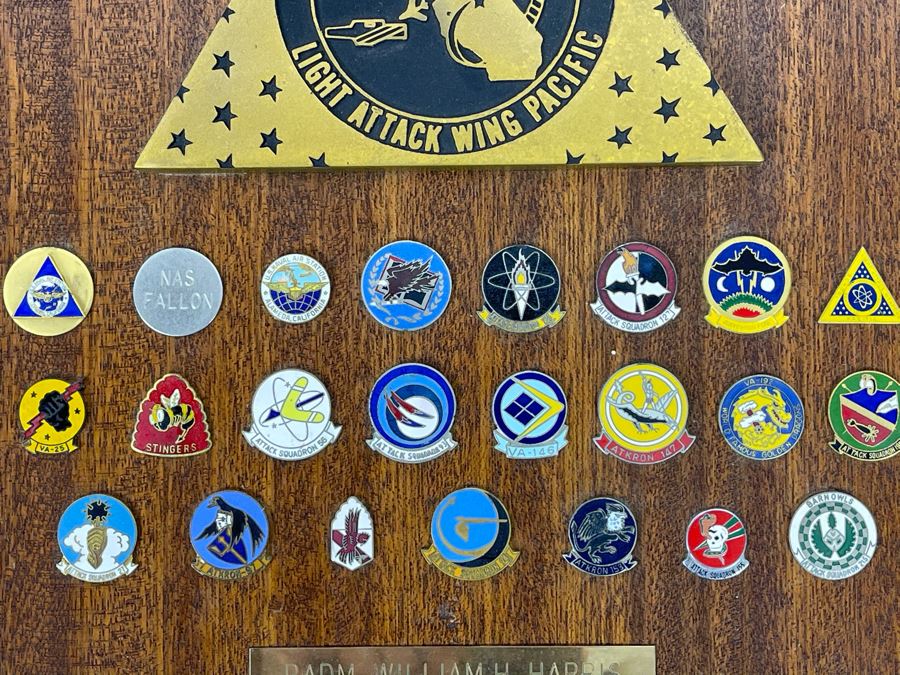 Commader Light Attack Wing Pacific Fleet Plaque Presented To RADM. William H. Harris With 22 Navy Fighter Pilot Squadron Pins 11 X 15 [Photo 3]
